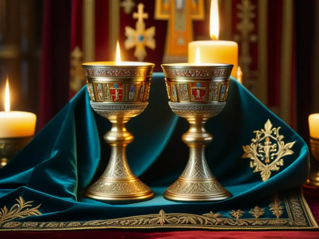 Detallado cáliz de iglesia ortodoxa rusa rodeado de luz de velas en la cocina de los Zares