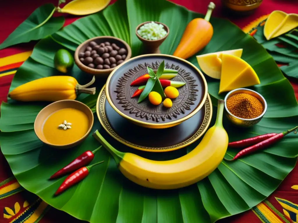 Festín azteca detallado con maíz, frijoles, calabaza y chiles, destacando una bebida de chocolate en copa dorada