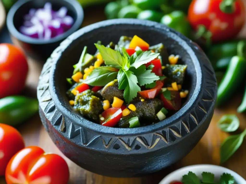 Detallado closeup de molcajete con salsa mexicana, resaltando colores y texturas de tomates, jalapeños, cilantro y cebolla