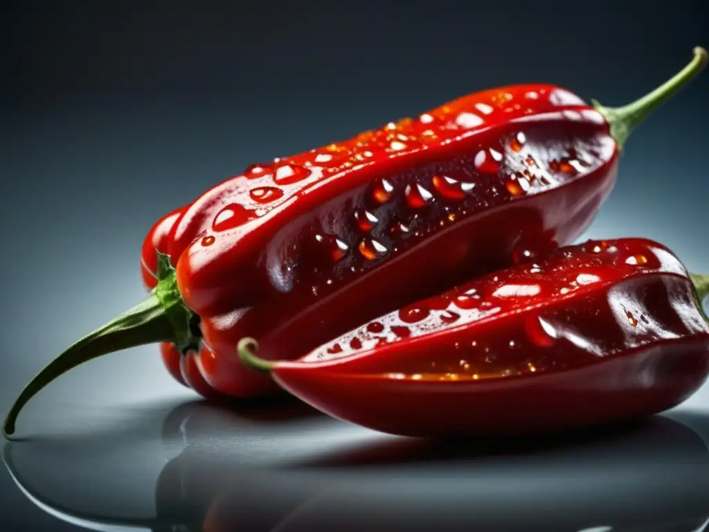 Detallado close-up de pimientos rojos piri piri, resaltando su textura y formas únicas, con gotas de agua brillantes