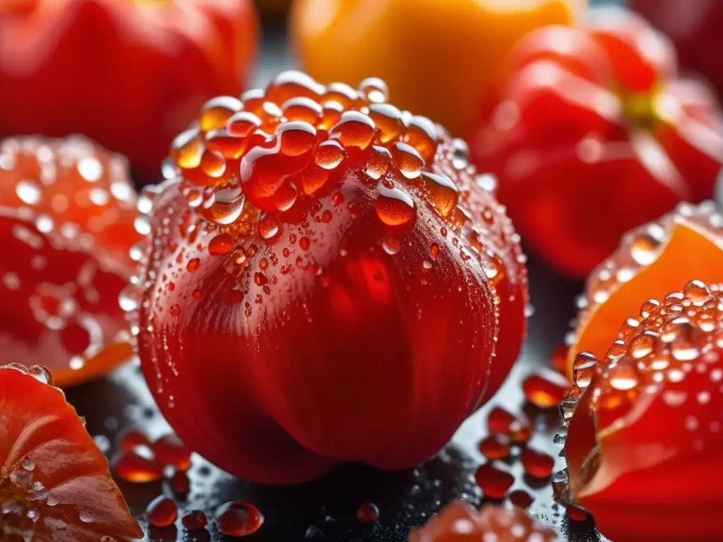 Un detallado close-up de un vibrante chile Scotch bonnet rojo, con gotas de agua, rodeado de sal marina