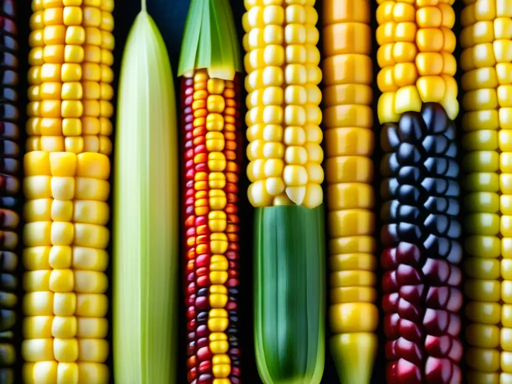 Detallado y colorido maíz ancestral de Mesoamérica, muestra patrones e intensos colores en cada grano, reflejando la rica herencia culinaria