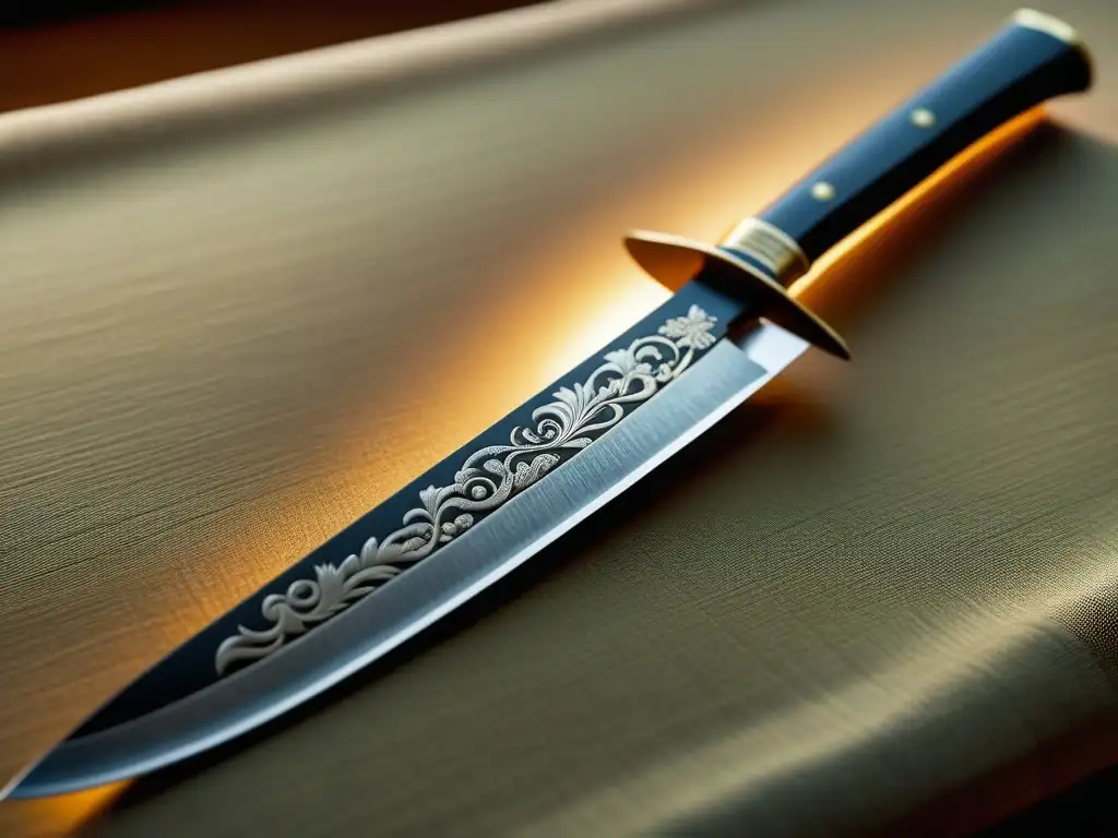 Detallado cuchillo japonés antiguo de la era Heian, con grabados intrincados y hoja afilada, reflejando la historia de los utensilios de cocina