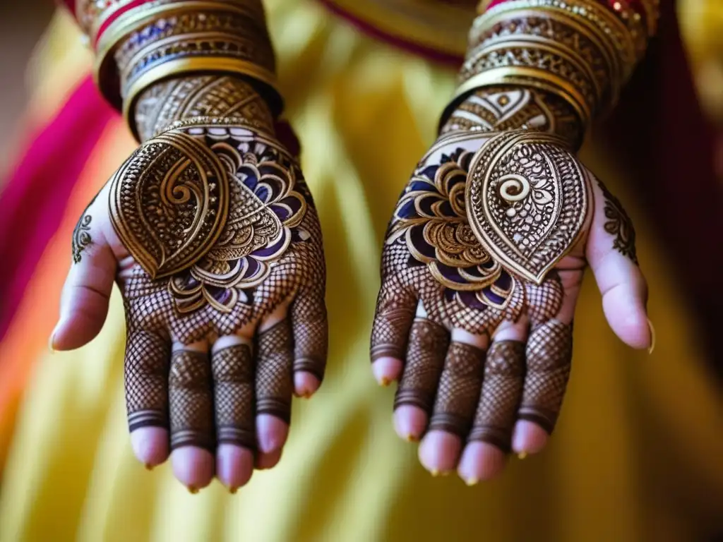 Detallado diseño de henna en manos de novia en boda tradicional del sur de Asia, historia y arte reflejados