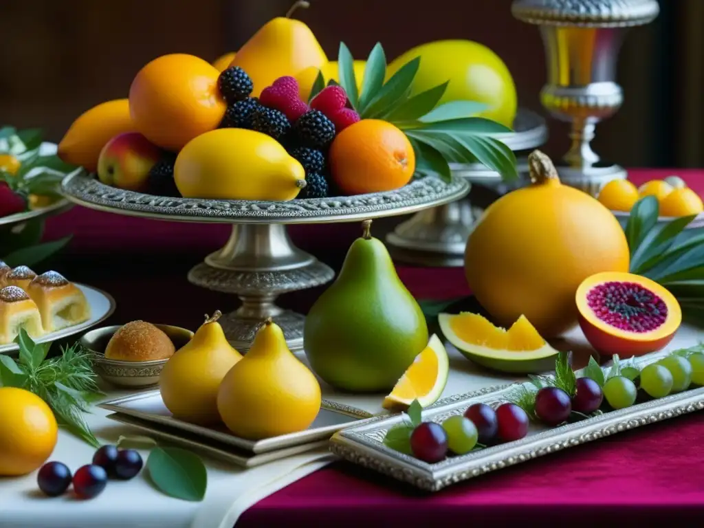 Un festín renacentista detallado con exóticas frutas, hierbas fragantes y pastelería decorada, iluminado por una suave luz natural