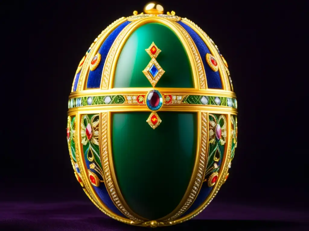 Detallado huevo Fabergé decorado contra terciopelo oscuro, resaltando la artesanía y colores vibrantes de la corte rusa