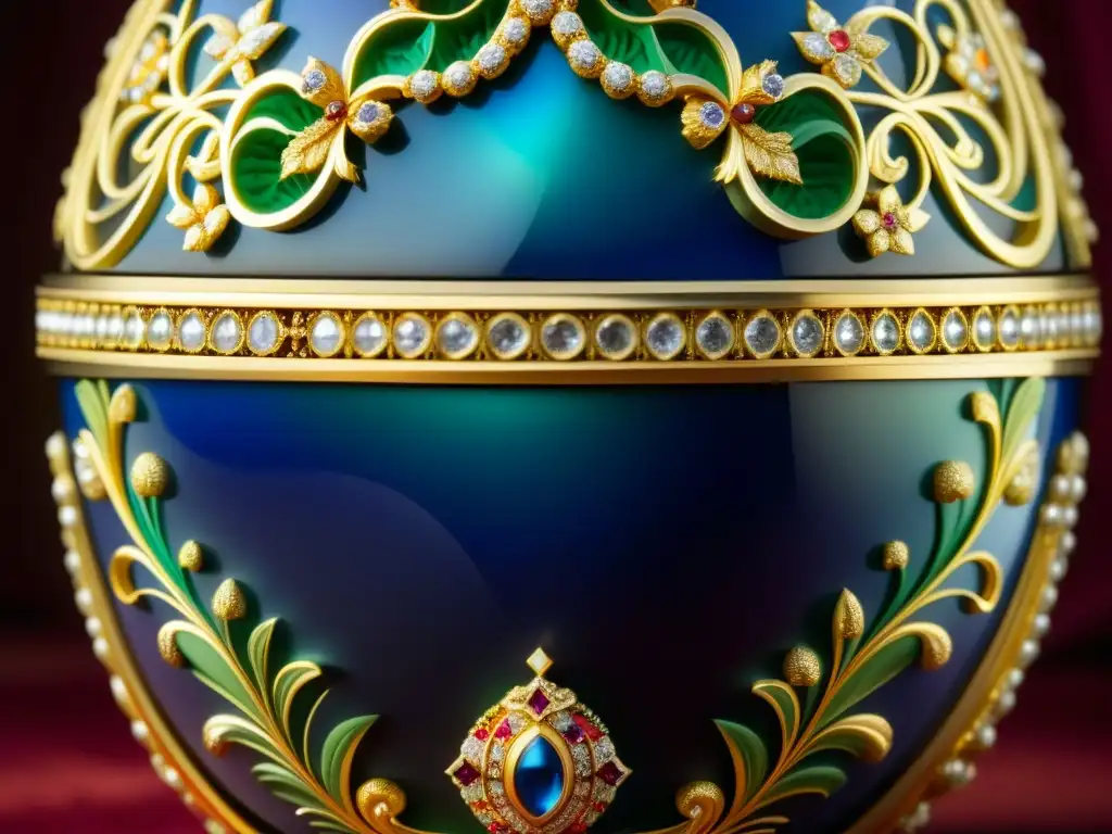 Detallado huevo Fabergé con adornos dorados y gemas, reflejo de la opulencia de la corte rusa y sus recetas históricas