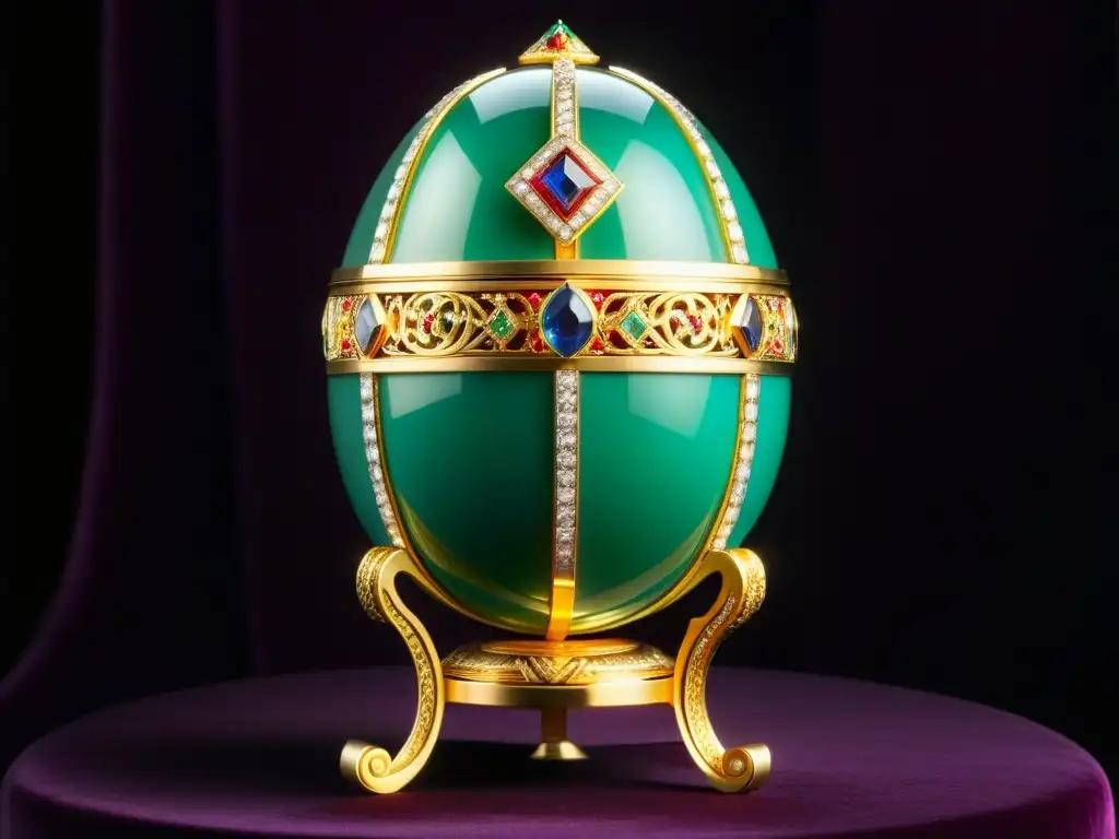 Detallado huevo Fabergé con gemas coloridas y detalles dorados, símbolo de opulencia en la era zar Nicolás II