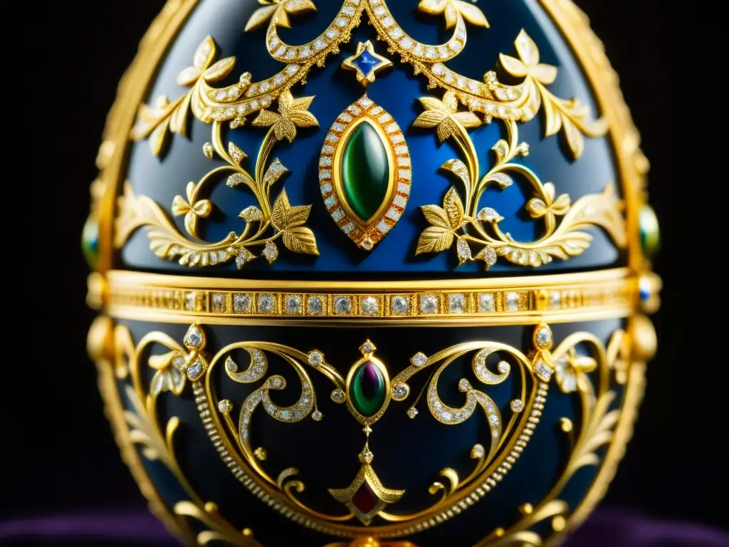 Detallado huevo Fabergé con patrones de esmalte y oro, reflejando la opulencia de la era de Nicolás II