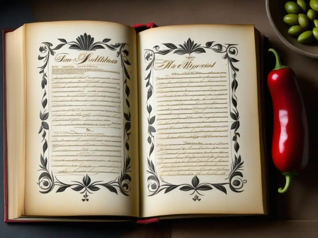 Detallado libro de cocina del siglo XVI con recetas históricas de conquistadores, ilustraciones y caligrafía elegante