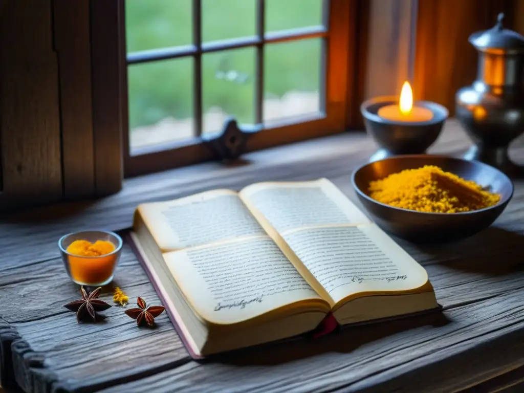 Libro de recetas antiguas: historia culinaria en detalle Detallado libro de recetas históricas en mesa de madera, con texto manuscrito y especias ilustradas, iluminado por la mañana
