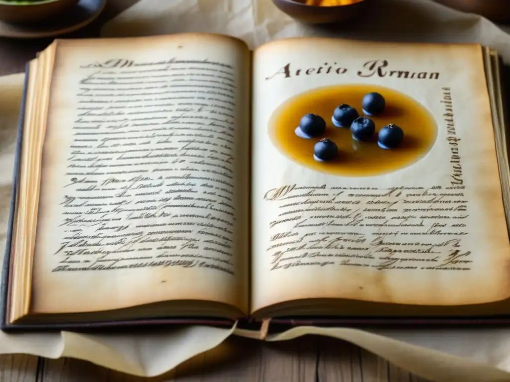 Detallado libro de recetas históricas Roma Antigua en pergamino antiguo con caligrafía romana y dibujos