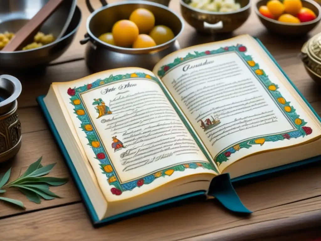 Detallado libro de recetas históricas Cruzadas en una escena de banquete medieval, en una mesa de madera