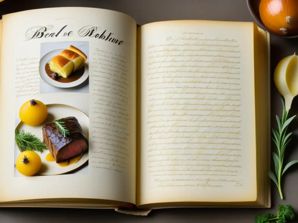 Detallado libro de recetas del siglo XIX con platos europeos tradicionales, alimentos históricos Europa siglo XIX