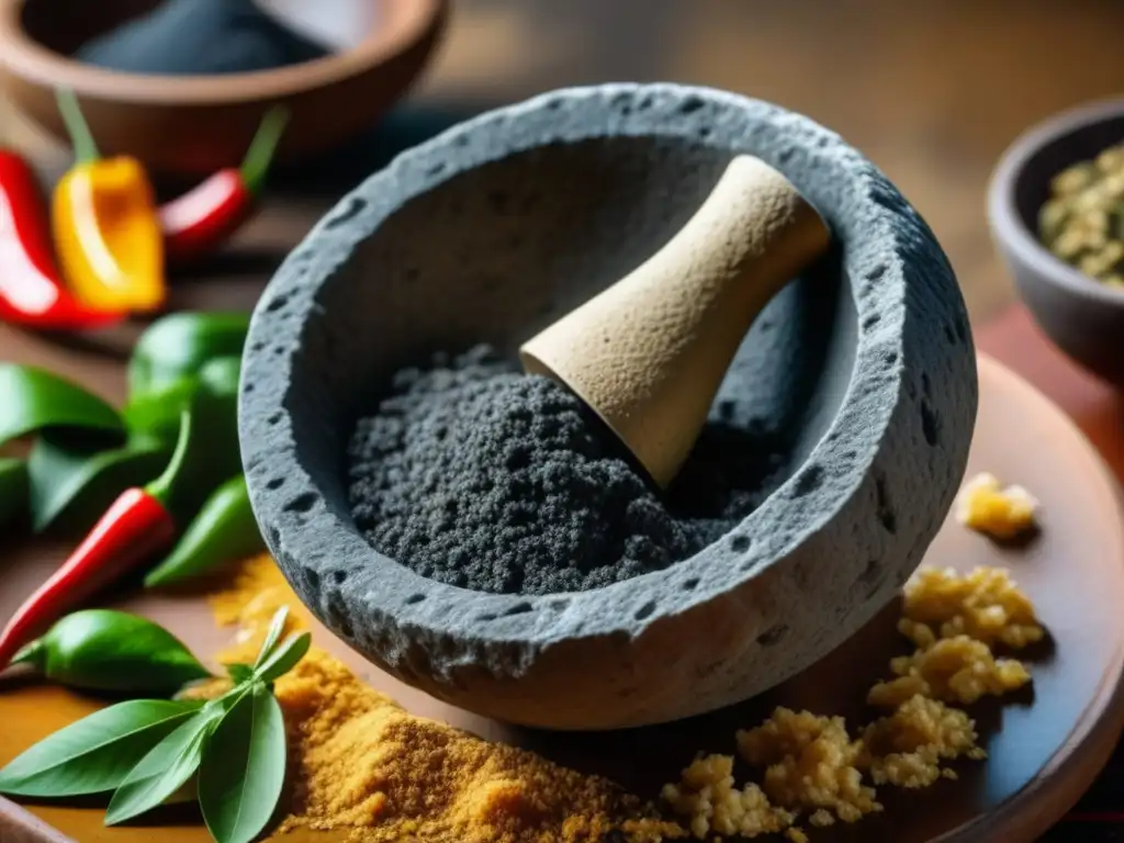 Detallado molcajete con restos de ingredientes, resaltando la fusión Hispanoamericana recetas históricas