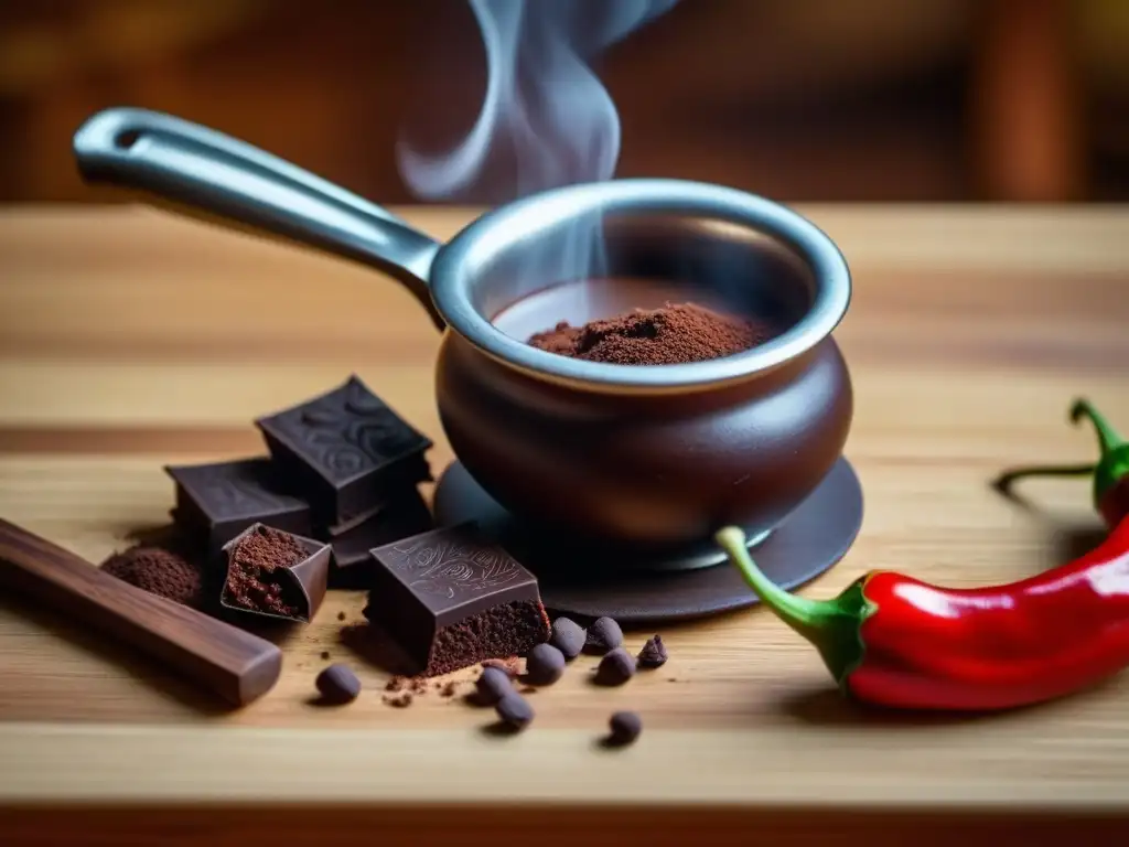 Detallado molinillo mexicano mezclando Chiles y Chocolate Prehispánico en taza humeante, con chiles rojos y trozos de chocolate oscuro esparcidos