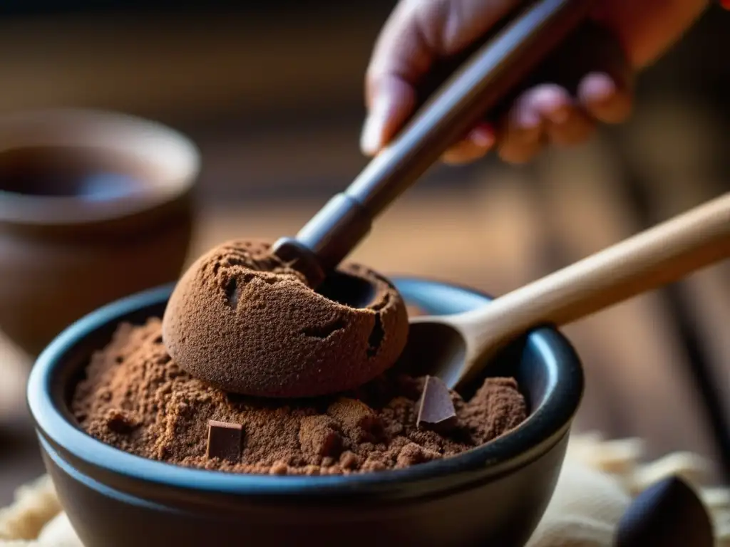 Detallado molinillo revolviendo taza de chocolate prehispánico, con canela y chiles