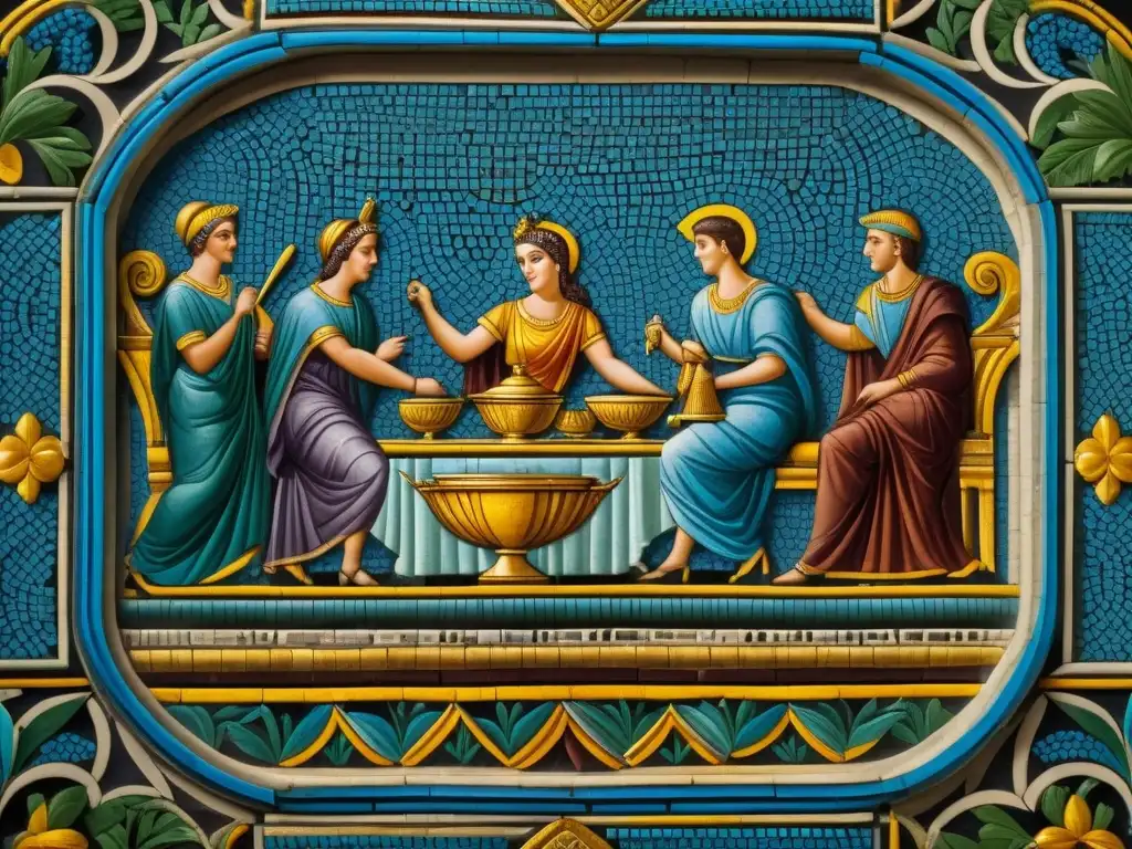 Detallado mosaico romano de banquete, influencia fiestas gastronomía romana