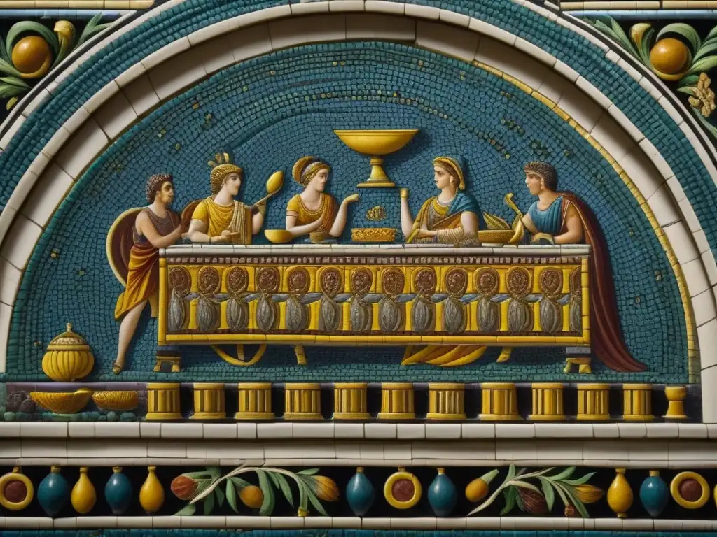 Detallado mosaico romano de un banquete lujoso que refleja la alimentación y clase social en Roma, con colores y detalles ricos