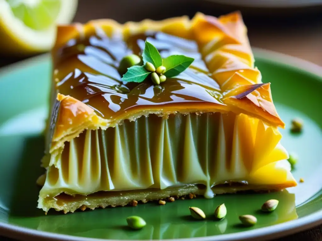 Un baklava persa detallado con azafrán, pistachos y almíbar de rosas, en tonos dorados