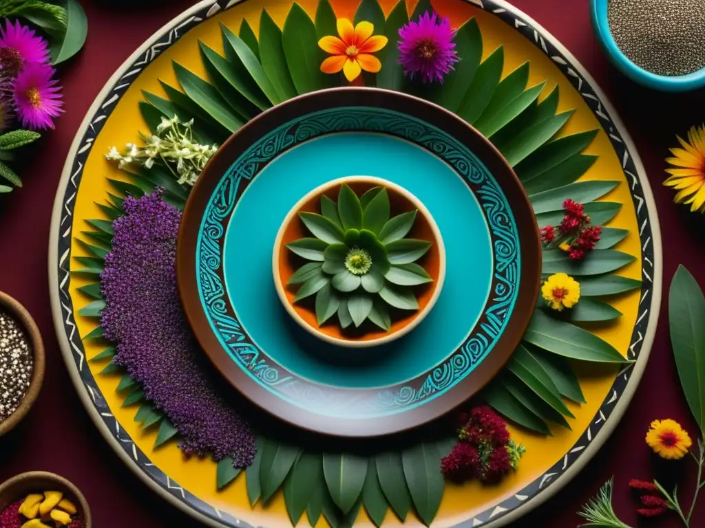 Detallado plato ceremonial azteca con alimentos sagrados cocina prehispánica