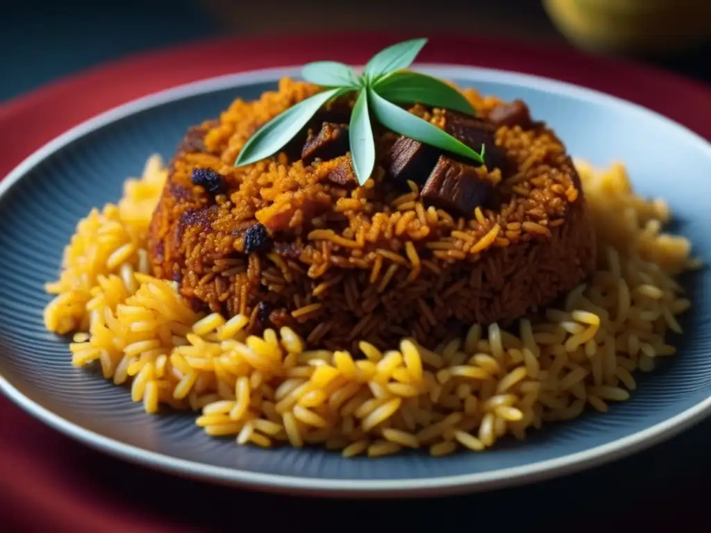 Un detallado plato de jollof rice, resaltando colores y texturas en un plato africano de influencia colonial