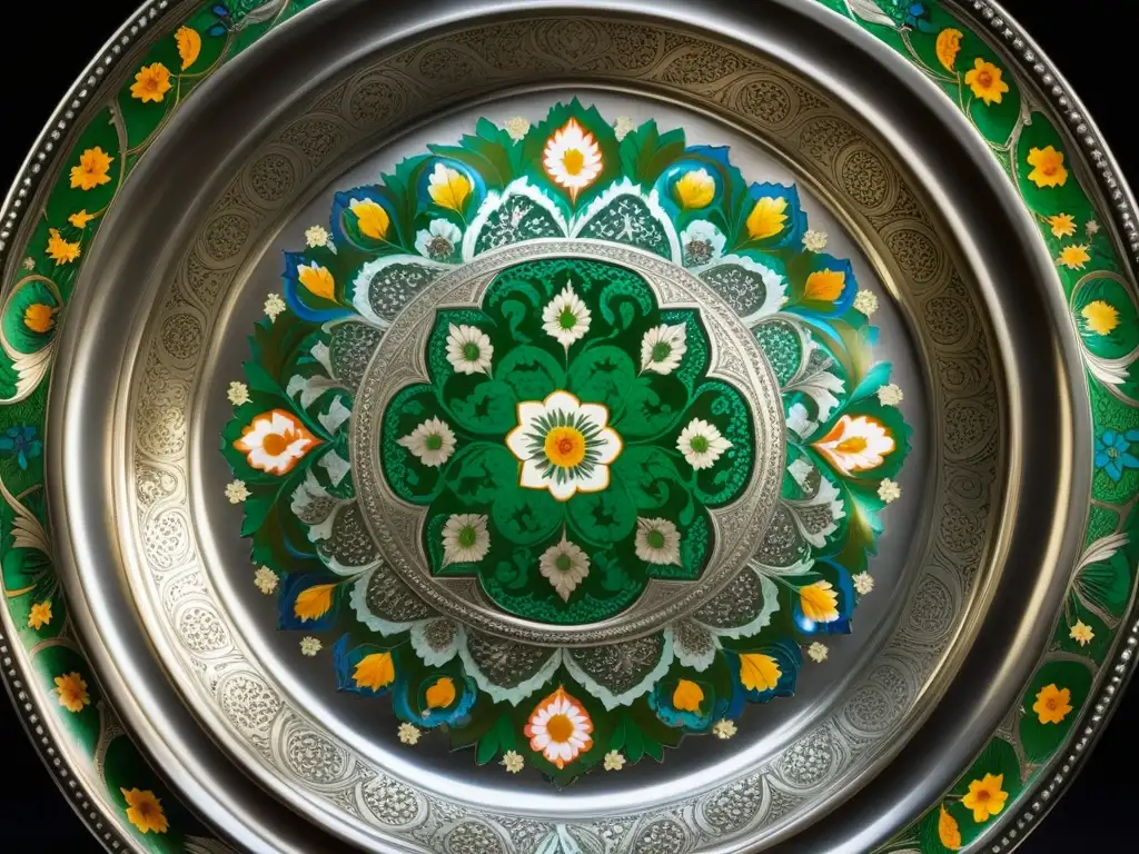 Un detallado plato de plata Mughal, con grabados florales y filigranas