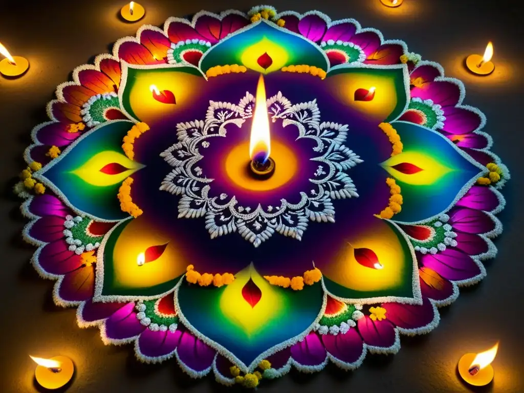 Detalles vibrantes de un rangoli durante Diwali Un detallado rangoli de colores y pétalos iluminado por diyas en celebración de Diwali