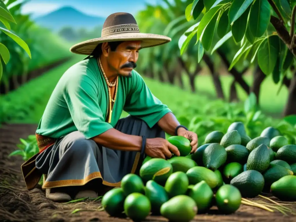 Un detallado retrato de un agricultor azteca cuidando un exuberante huerto de aguacates, mostrando la rica herencia cultural azteca