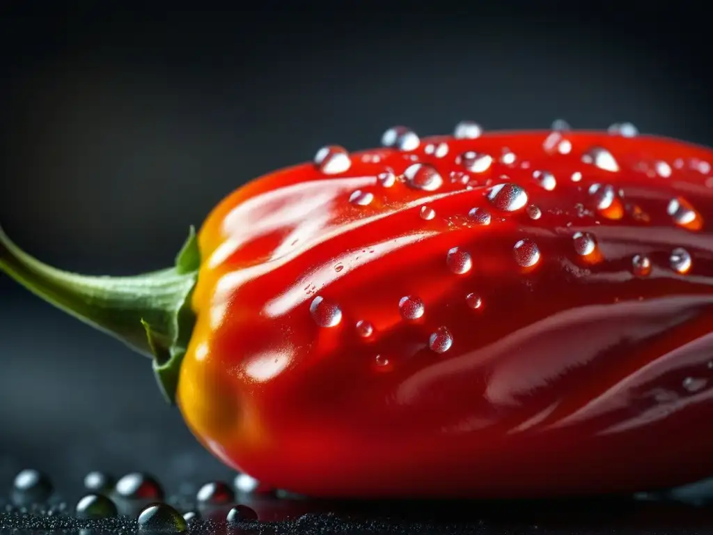 Detallado chile rojo brillante con gotas de agua, resaltando su belleza natural