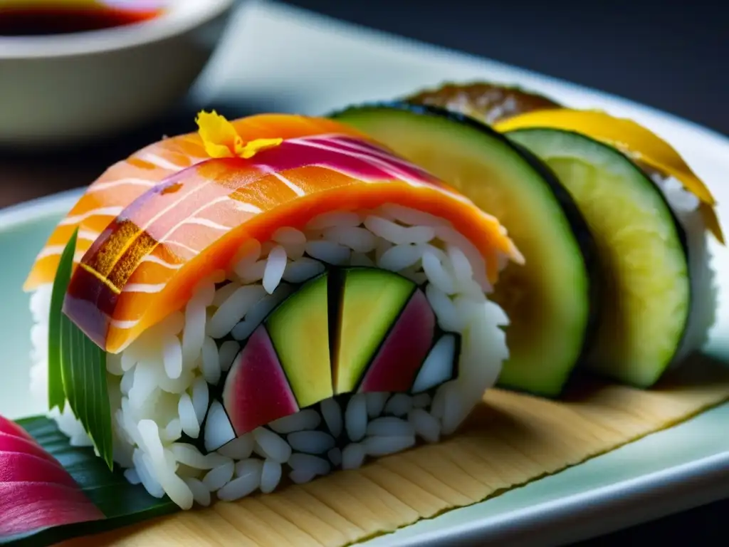 Detallado sushi con capas de pescado fresco y aguacate sobre arroz pegajoso, reflejo de la influencia de la gastronomía japonesa en Europa