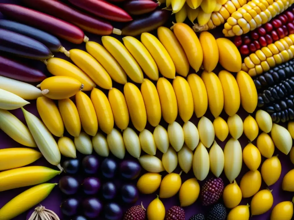 Patrón detallado de variedades antiguas de maíz en tonos de amarillo, rojo y morado