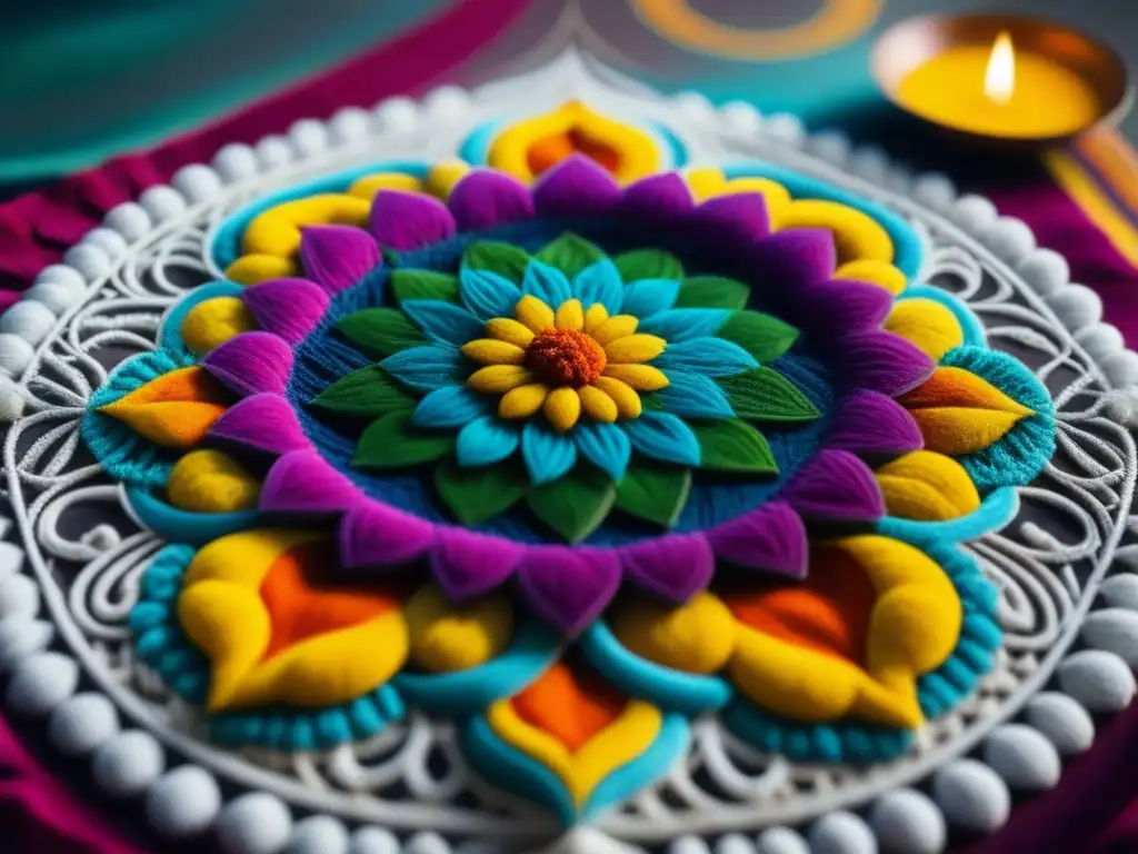 Un detallado y vibrante diseño de rangoli con motivos tradicionales del sur de Asia, resaltando la historia y la artesanía culinaria