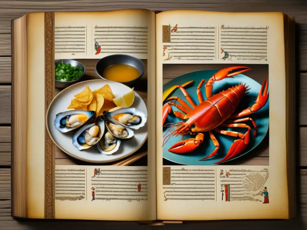 Detallados manuscritos bíblicos con ilustraciones de mariscos y festines, mostrando significado cultural mariscos Biblia