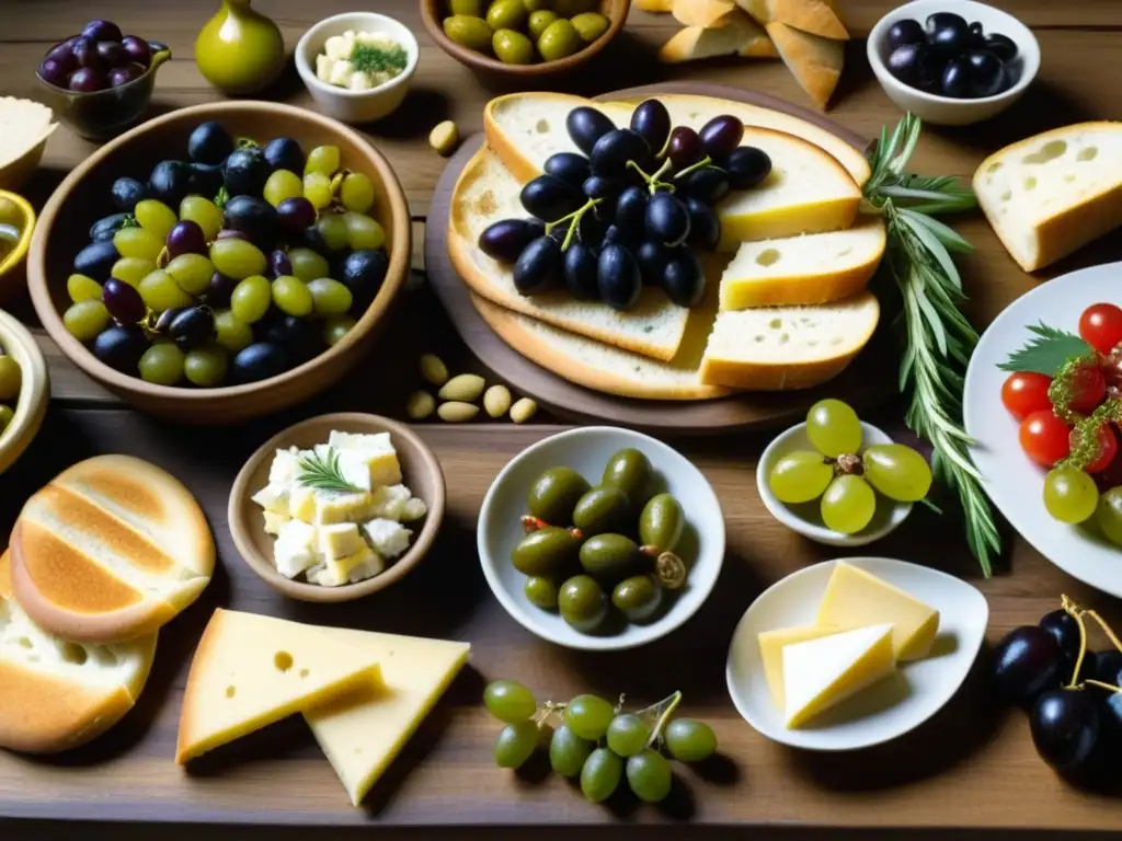 Banquete ateniense: detalle exquisito de alimentos antiguos Detalle de una abundante comida ateniense en mesa de madera: olivas, uvas, higos, pan, queso, pescado y verduras