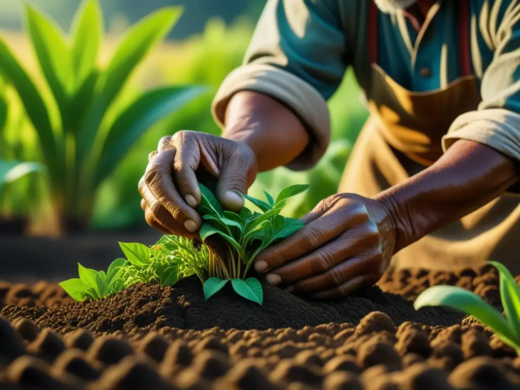 Detalle de agricultores antiguos cultivando plantas orgánicas en la historia