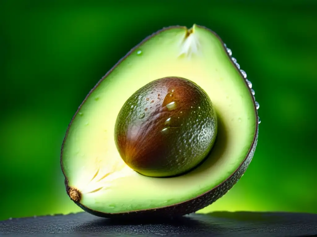 Detalle de un aguacate maduro con gotas de agua, piel detallada y pulpa verde vibrante