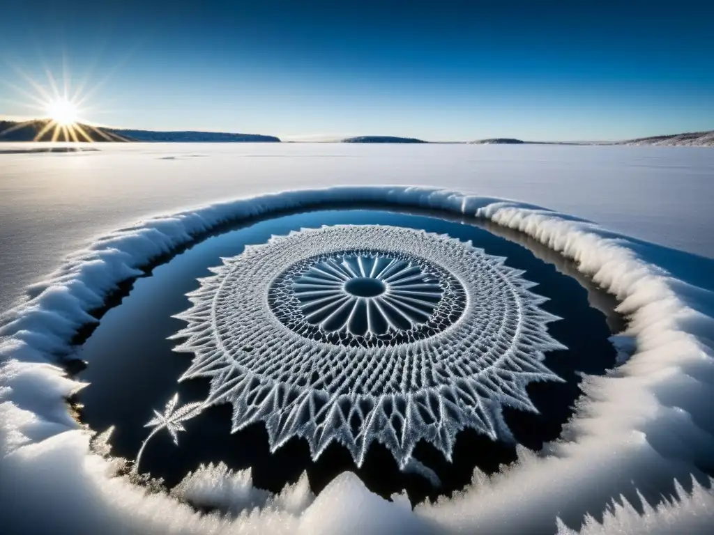 Detalle de agujero de pesca en hielo escandinavo, reflejando belleza gélida