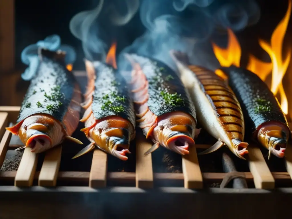 Detalle de ahumadero tradicional con filas de carnes y pescados, resaltando la importancia del ahumado en cocinas ancestrales