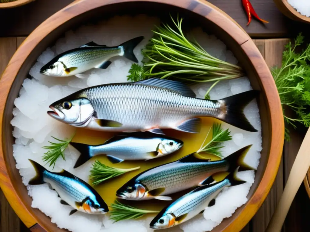 Detalle de la preservación de alimentos en la época azteca: peces salados y fermentados en barril de madera con hierbas y especias