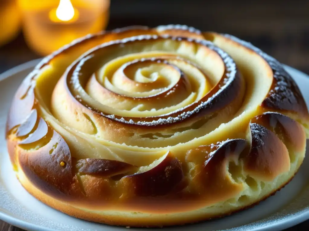 Detalle de un Kouglof Alsaciano recién horneado, con diseño de remolinos, tono dorado y textura delicada