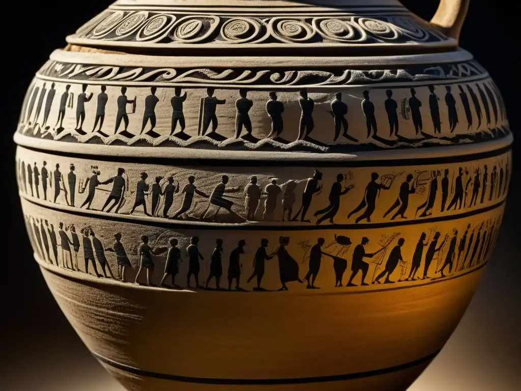 Detalle asombroso: Anfora romana antigua en alta resolución Detalle en alta resolución de una antigua ánfora romana, con grabados de escenas de la vida cotidiana