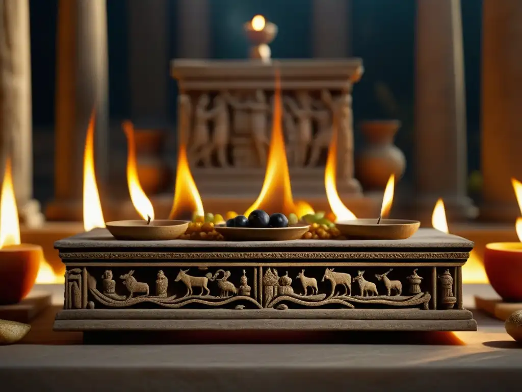 Detalle de un altar griego antiguo con ofrendas y llamas, iluminado por luz natural