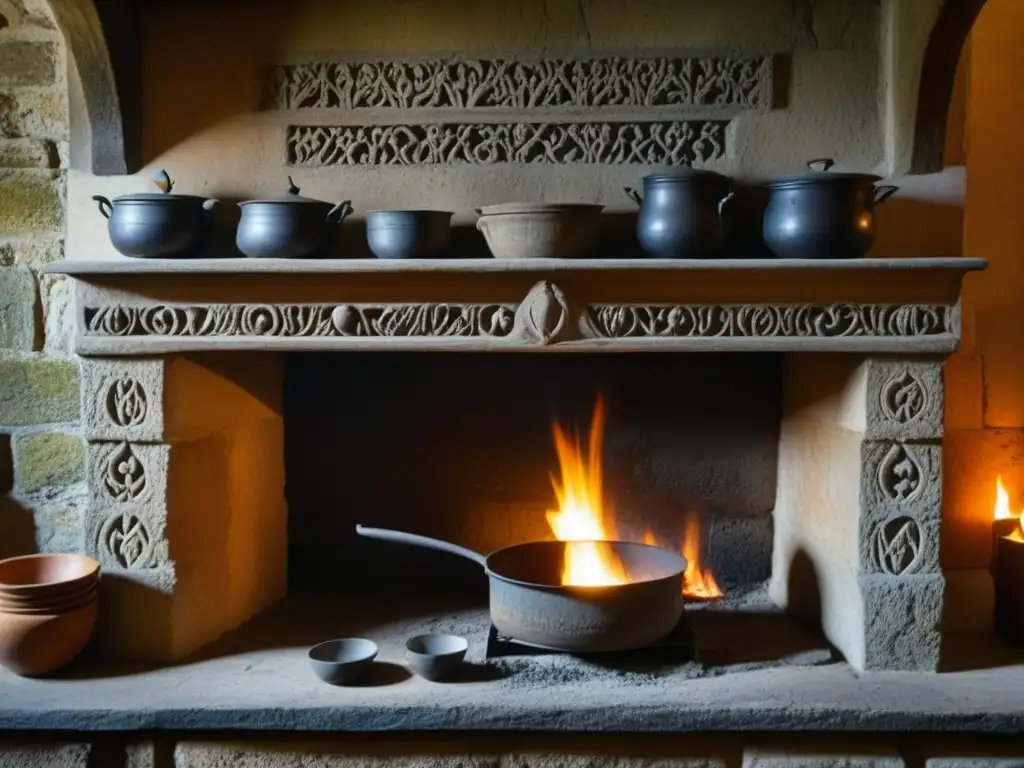 Detalle de una antigua chimenea de piedra en una cocina de castillo europeo, con utensilios de cocina antiguos