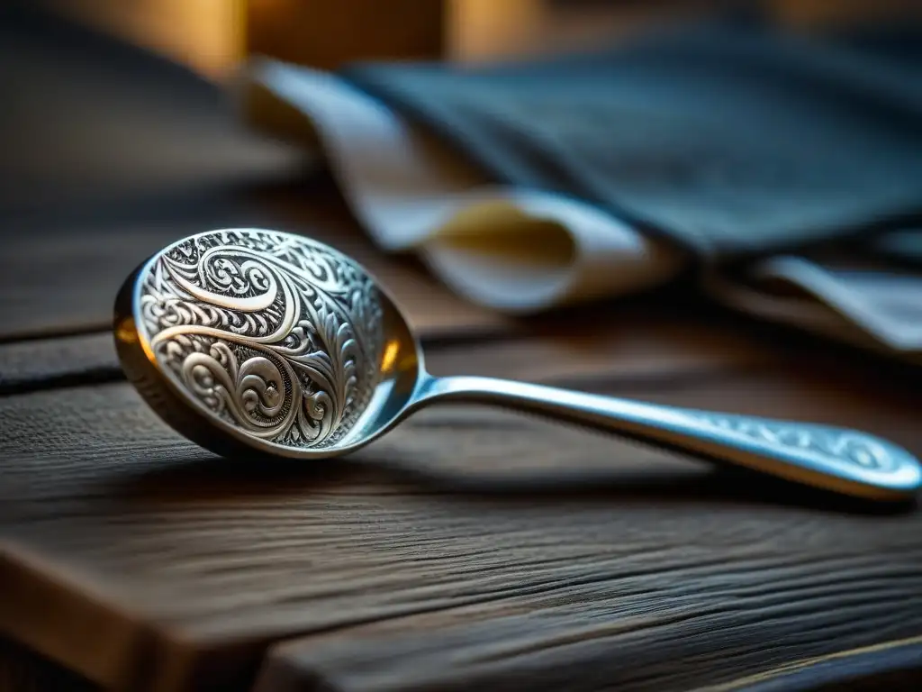 Detalle de una antigua cuchara romana de plata con grabados intrincados, sobre mesa de madera, iluminada por luz natural