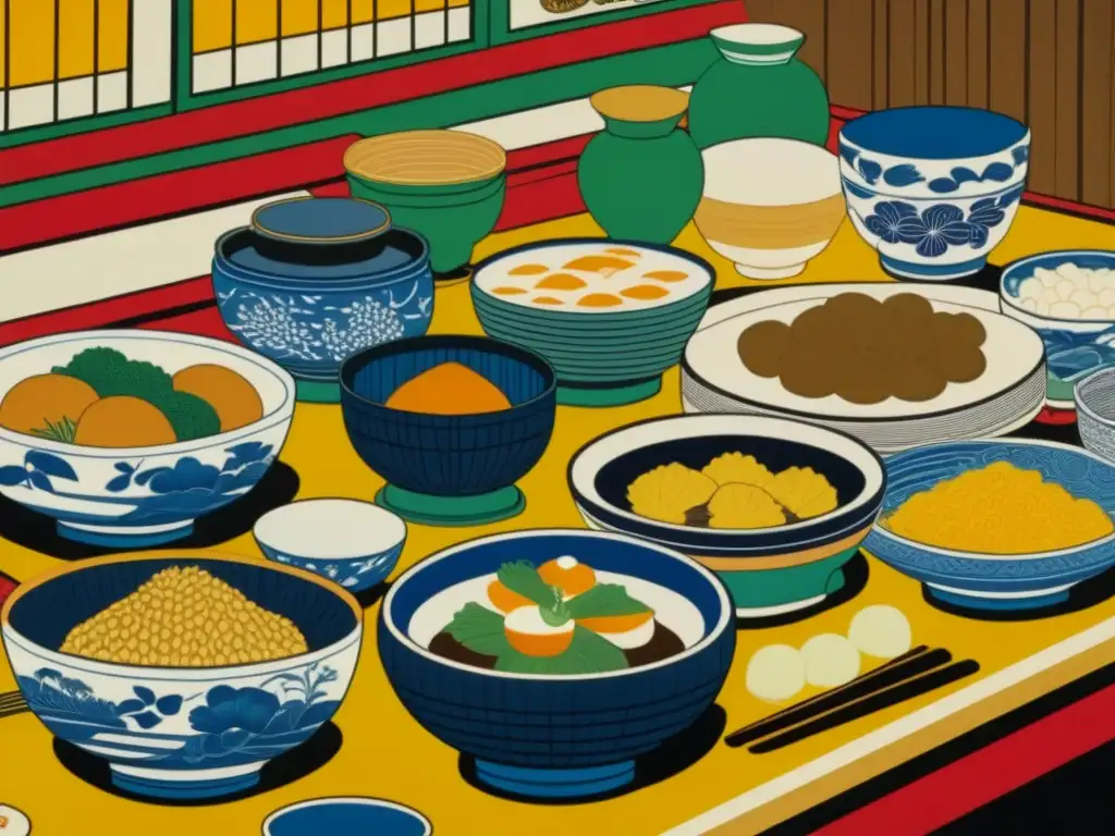 Grabado japonés de la era Edo: escenas culinarias detalladas Detalle de una antigua impresión japonesa en madera de la Era Edo, mostrando escenas culinarias detalladas