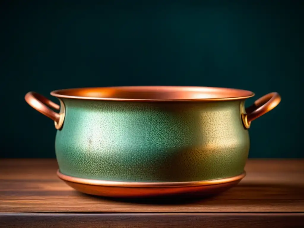 Detalle de una antigua olla de cobre envejecida, reflejando la historia del equipamiento culinario