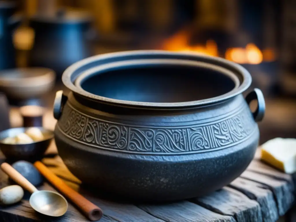 Detalle de antigua olla de cocina pre-vikinga con utensilios de hueso y piedra