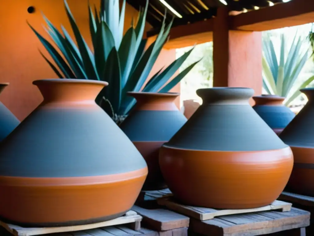 Detalle de una antigua pulquería mexicana, destacando la historia del pulque en México con artesanos y fermentación tradicional