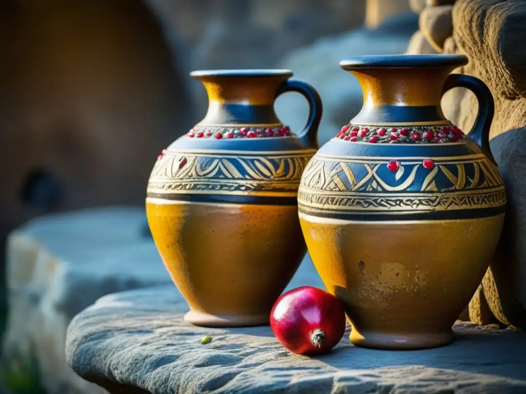 Detalle de antiguas ánforas con aceites de oliva y granada, sobre piedra envejecida